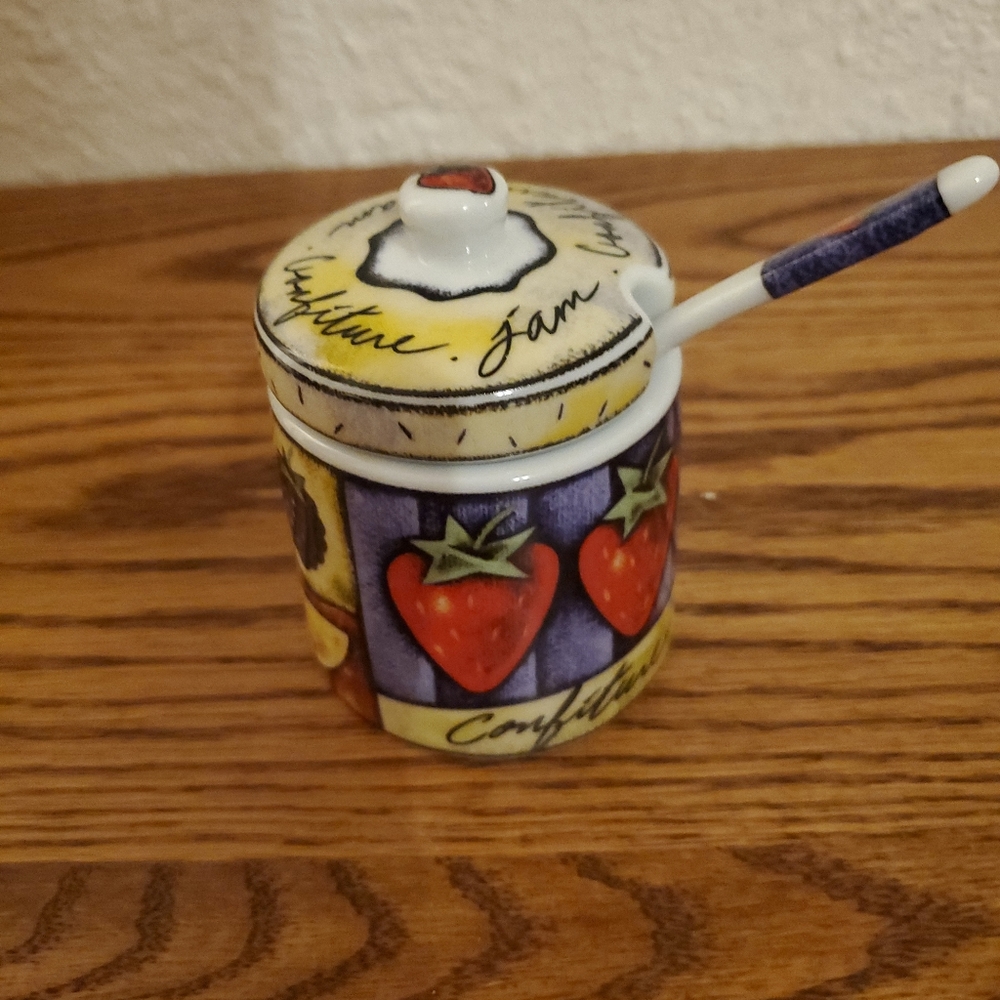 Vintage Ceramic Jelly Jar Jam Pot with Spoon MSC Fruit and Strawberries
